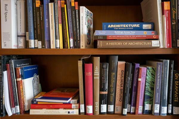 Image of two shelves of architecture books.